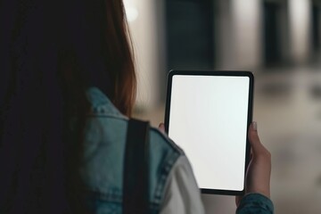 App view beside a shoulder of a teen girl holding a tablet with an entirely white screen