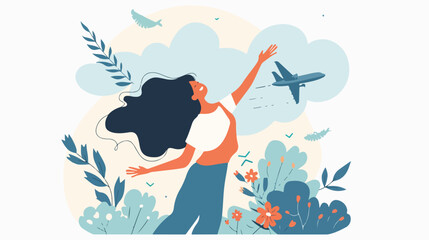Flat modern illustration of a woman throwing a plane