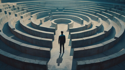A businessman standing in front of the entrance to the maze, ready to accept the challenge and fight back against any difficulties that may arise on his way to success.