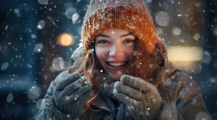 Young woman smiling in the snow with hat and jacket. Young woman throwing snow outdoors on winter nature background, joy and happines emotions. Christmas and new year concept