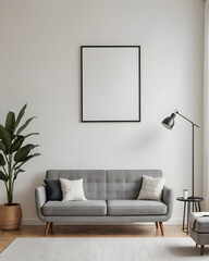 Modern scandinavian home interior with potted plants and gray sofa. Mockup frame close up in living room interior, 3d render