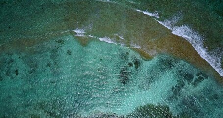 Aerial top view of turquoise water with coral reef in the Maldives