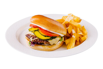 Classic cheeseburger with fries on white plate