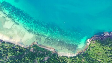 Aerial top view of turquoise water with coral reef and a coast with greenery in the Maldives