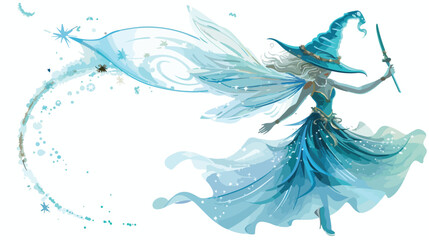 Fabulous fairy in magical cap with magic wand. Vector