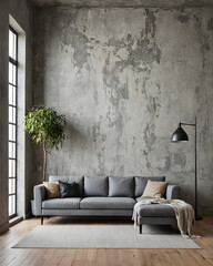Modern interior design of living room with sofa and empty gray concrete wall. Spacious concrete living room in a modern minimalistic style.