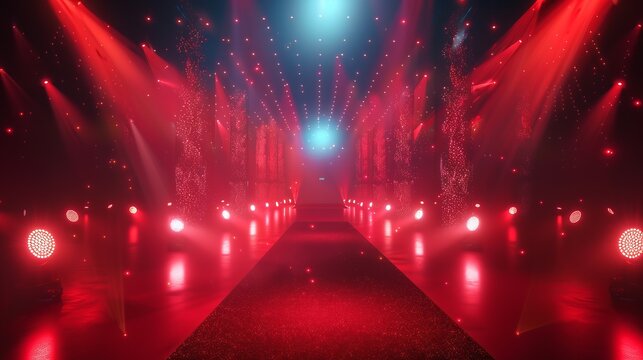 Red carpet entrance design for an award ceremony with stage lights and a highlighted center, depicting a winner's path