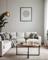 A cute sofa next to a potted indoor plant. There are framed posters on the wall. Minimalist living room interior with sofa on wooden floor, decor on large wall.