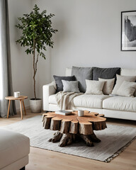 A cute sofa next to a potted indoor plant. There are framed posters on the wall. Minimalist living room interior with sofa on wooden floor, decor on large wall.