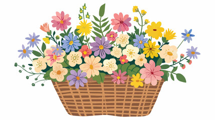 Flowers in a basket. Hand drawn colorful doodle Flat