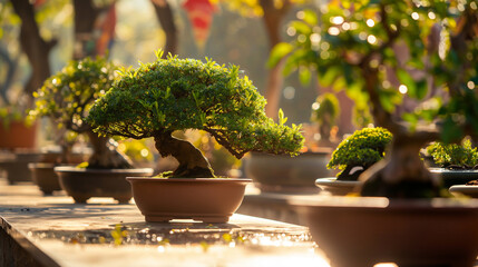 Selling grown bonsai trees of different types in a plant store. Plants in pots are hardly on the table. Business selling plants.