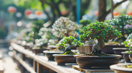 Bonsai trees for sale in a plant store. Business selling plants.