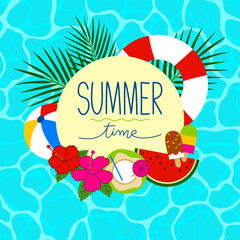 Banner with summer elements and blue water background - obrazy, fototapety, plakaty