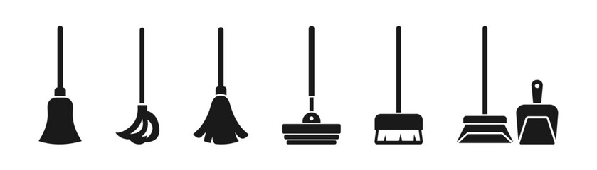 Floor mop icons set. Mop and broom for cleaning. Vector