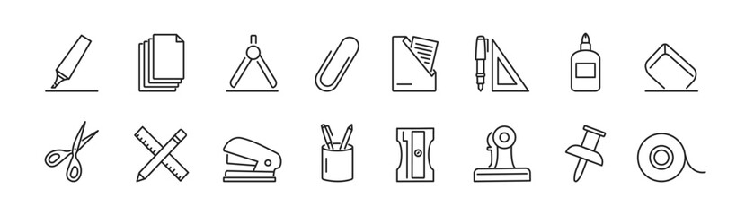 Stationery icon set. Office supply line icons. Vector