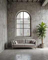 Fototapeta na wymiar Modern interior design of living room with sofa and empty gray concrete wall. Spacious concrete living room in a modern minimalistic style.