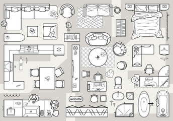Floor plan icons set for design interior and architectural project (view from above). Furniture thin line icon in top view for layout. Blueprint apartment. Vector - 785179946