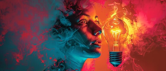 An illustration combining a lightbulb illuminating with an inspired face, denoting the realization of creative ideas and innovations  Color Grading Complementary Color