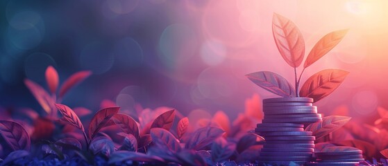 An illustration combining a stack of coins growing with a flourishing plant, symbolizing financial goals and wealth accumulation  Color Grading Complementary Color