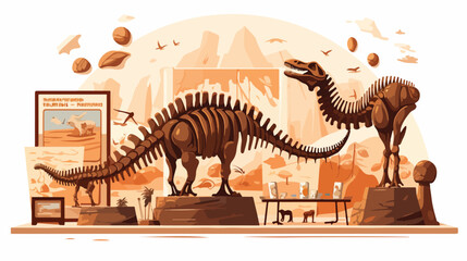 Fossil dinosaur skeleton in history museum cartoon illustration