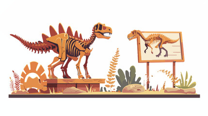 Fossil dinosaur skeleton in history museum cartoon illustration