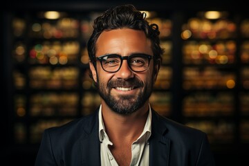Portrait of a Stylish Man Working in an International Stock Exchange Company: Specialist Monitoring Equity and Share Markets, Communicating with Clients - Powered by Adobe