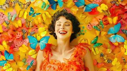 A woman stands in a red dress as butterflies flutter around her, creating a vibrant and dynamic scene