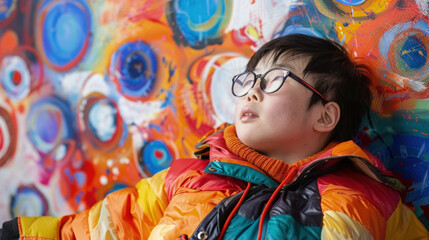 A young boy wearing glasses and a vibrant jacket