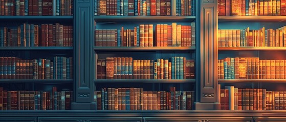 An illustration of a library with golden books, each spine titled with achievements and milestones, showcasing a life of continuous learning and success  Color Grading Complementary Color - obrazy, fototapety, plakaty