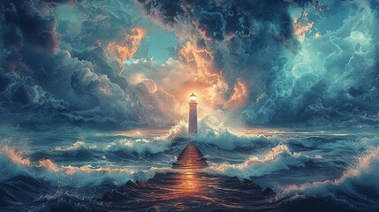 An illustration of a lighthouse shining light on a path through stormy seas, guiding the way to achieving lifes goals  Color Grading Complementary Color - obrazy, fototapety, plakaty