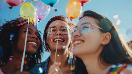 Obraz premium A group of young women standing closely next to each other, smiling and chatting in a social setting