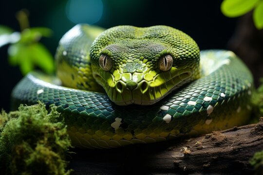 A lithe green tree python draped over the sturdy branch of a towering tree, its emerald scales blending seamlessly with the verdant foliage
