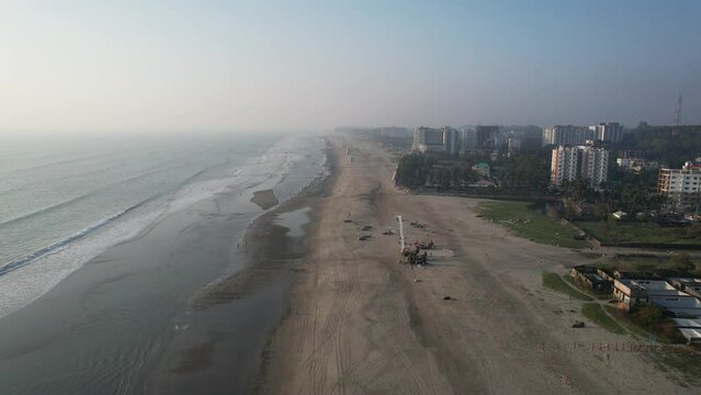 Aerial drone video of the southern coastal region of Bangladesh called the longest sea beach in the world, near Cox's Bazar