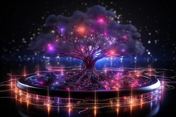 Generative AI illustration of model of human brain tree with glowing impulses and electric lines