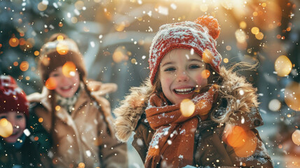 Naklejka premium A group of young children laughing and playing joyfully in the snow, bundled up in winter clothing