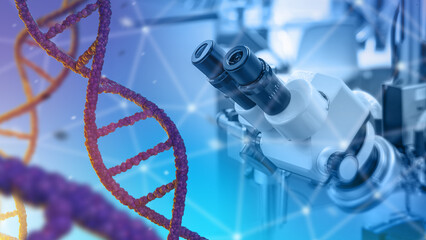 Genetic sequencing. DNA chain. Microscope for studying genome. Modified DNA. Genetic technologies....