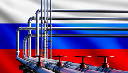 Gas pipeline with Russia flag. Steel pipes for supply of energy resources. Concept for importing...