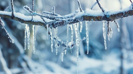 Icicles hanging from branch, forest background, close-up, eye-level, crisp morning frost 