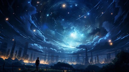 An illustration of a person gazing at a vast, starry sky, drawing constellations that spell Dreams Achieved, symbolizing limitless potential  Color Grading Complementary Color