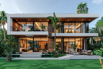 A stunning two-story villa with large glass windows, white walls and wood accents, set against the backdrop of lush greenery in Miami's bustling urban area. Created with Ai - obrazy, fototapety, plakaty