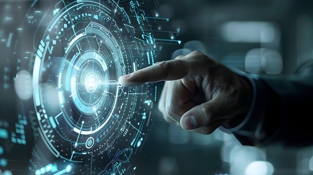 Corporate Executive Reaching Towards Futuristic Holographic Interface for Advanced Business Analytics