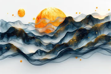 Crédence de cuisine en verre imprimé Montagnes The background is composed of mountains, rivers and flames in the style of ink painting. Created with Ai