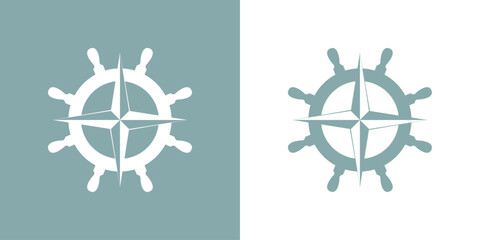 Logo Nautical. Club de yate. Símbolo rosa de los vientos en silueta de timón de barco - obrazy, fototapety, plakaty
