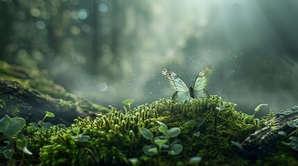 Fairy wings amidst moss, forest scene, close-up, eye-level, soft morning mist, magical glow  - obrazy, fototapety, plakaty