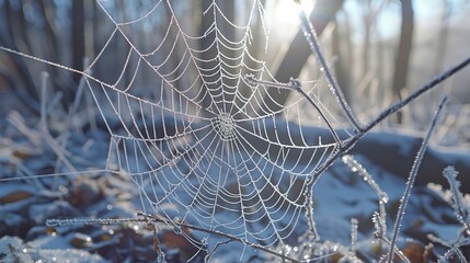Hoarfrost on spider web, intricate close-up, ground-level camera, frozen forest, clear day