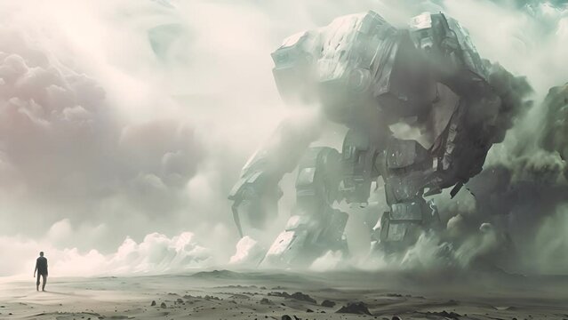 Futuristic Mech Robot in a Cloudy Landscape with Ai generated.
