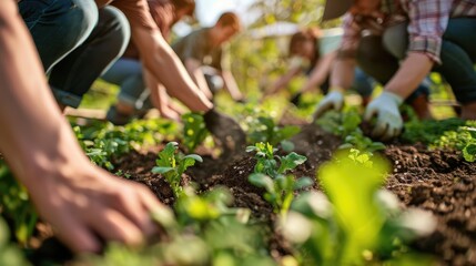 Inspiring photo of a diverse group of people working together in a community garden, cultivating organic produce and composting food waste - obrazy, fototapety, plakaty