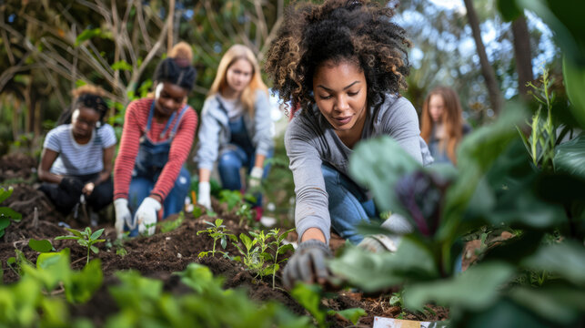 Inspiring photo of a diverse group of people working together in a community garden, cultivating organic produce and composting food waste