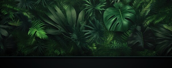 Green frame background, tropical leaves and plants around the green rectangle in the middle of the photo with space for text