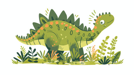 Funny green stegosaurus walks in the grass.